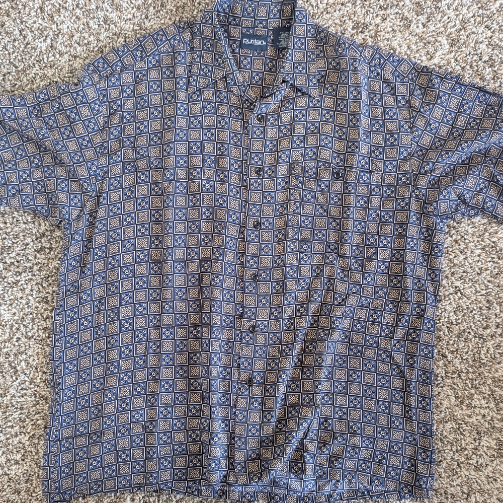 Puritan Vintage Blue And Cream Square Print Short Sleeve Button Down Shirt Large